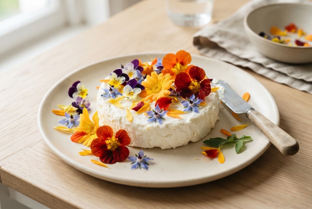 Edible Flowers: violas, nasturtiums, calendula petals and blue borage stars on white cheese, on a cream ceramic plate