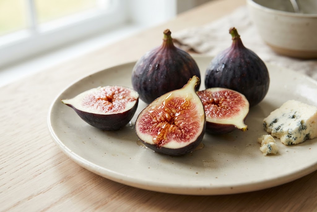 Figs: purple teardrop figs, halves with jammy pink seeded centres, on a cream ceramic plate