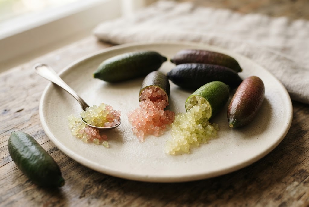 Finger limes: slim green and purple-black limes, halves spilling pink and green caviar-like pearls, a spoonful of pearls, on a cream plate
