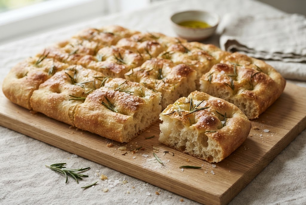 Focaccia: golden dimpled bread, rosemary and salt, on a light oak board