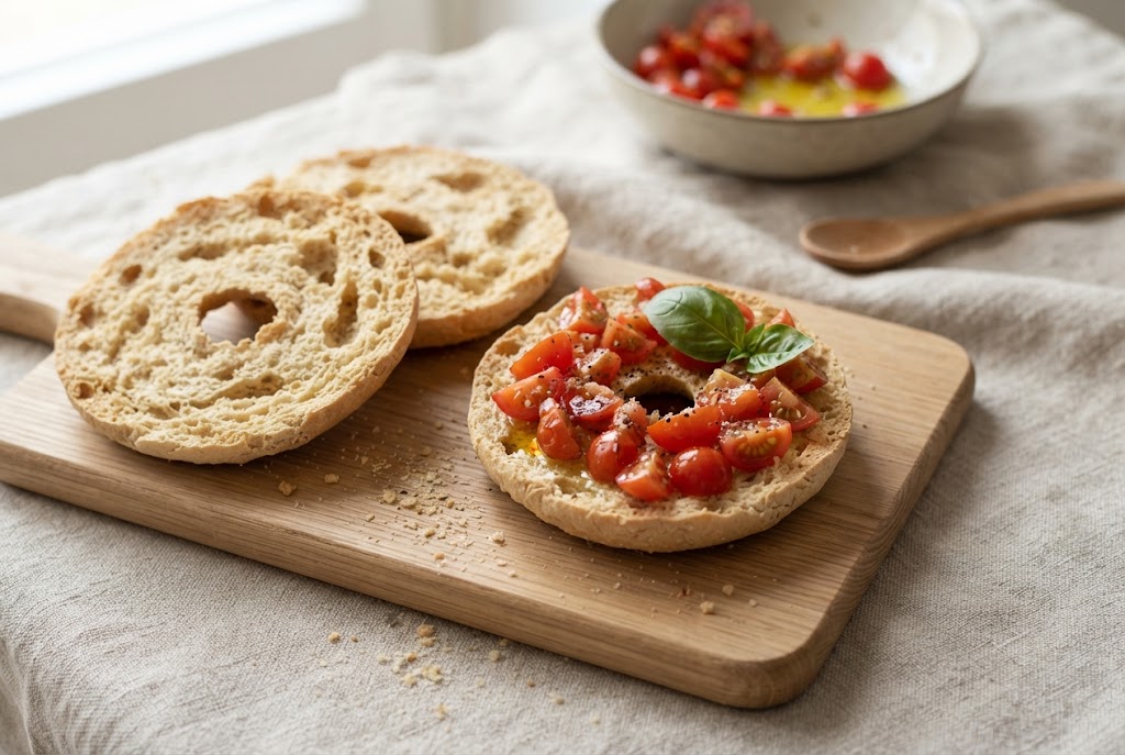 Friselle: hard split bread rings with rough porous face, on a light oak board