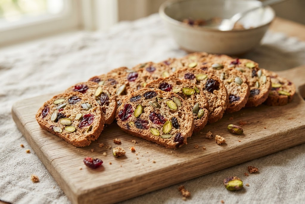 Fruit & Nut Crisps: thin ovals studded with fruit and nut cross-sections, on a light oak board