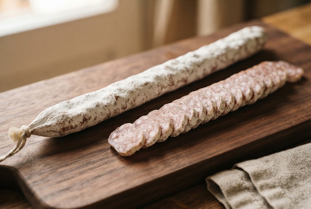 Fuet: thin stick with chalky white coating, pale small coins, on a dark walnut board
