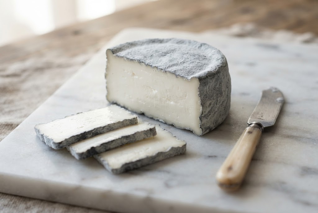 Garrotxa: velvety grey-blue rind band, bright white paste, on a marble slab
