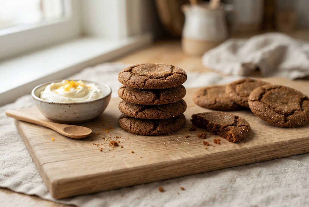 Gingersnaps: crisp dark brown crackle-topped round cookies, on a light oak board