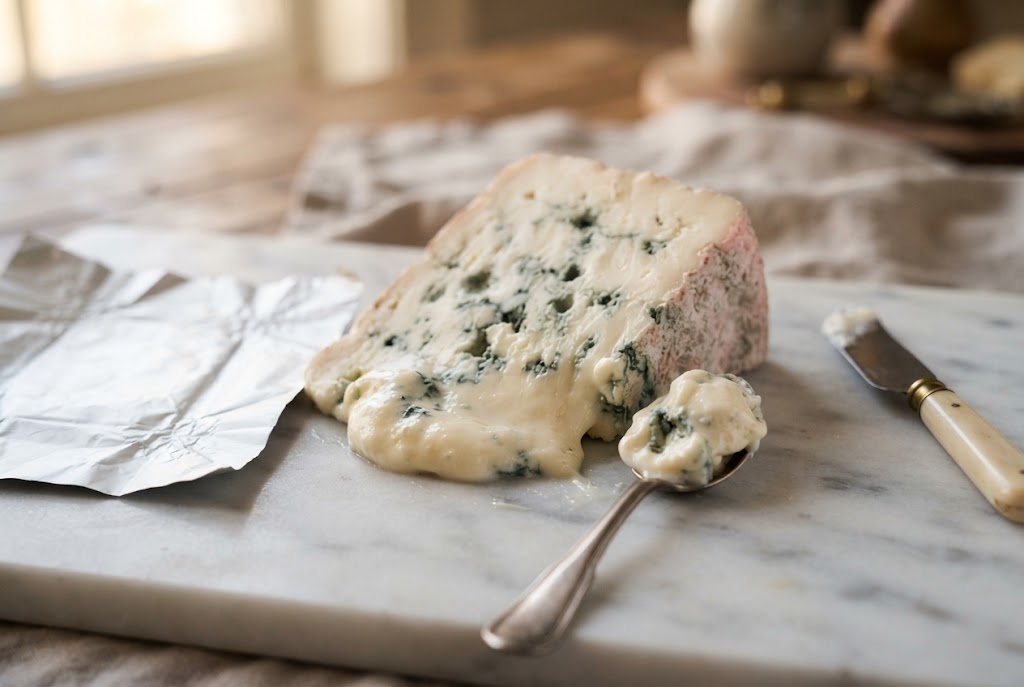 Gorgonzola: soft slumping ivory paste, green-blue streaks, spoon, on a marble slab
