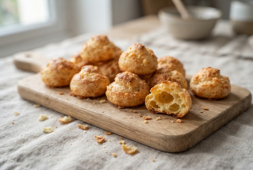 Gougères: small golden cheese puffs, hollow inside, on a light oak board
