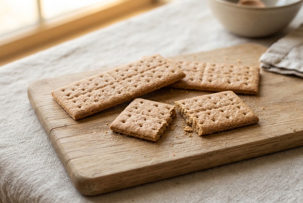 Graham Crackers: tan rectangles with docking holes and centre score, on a light oak board