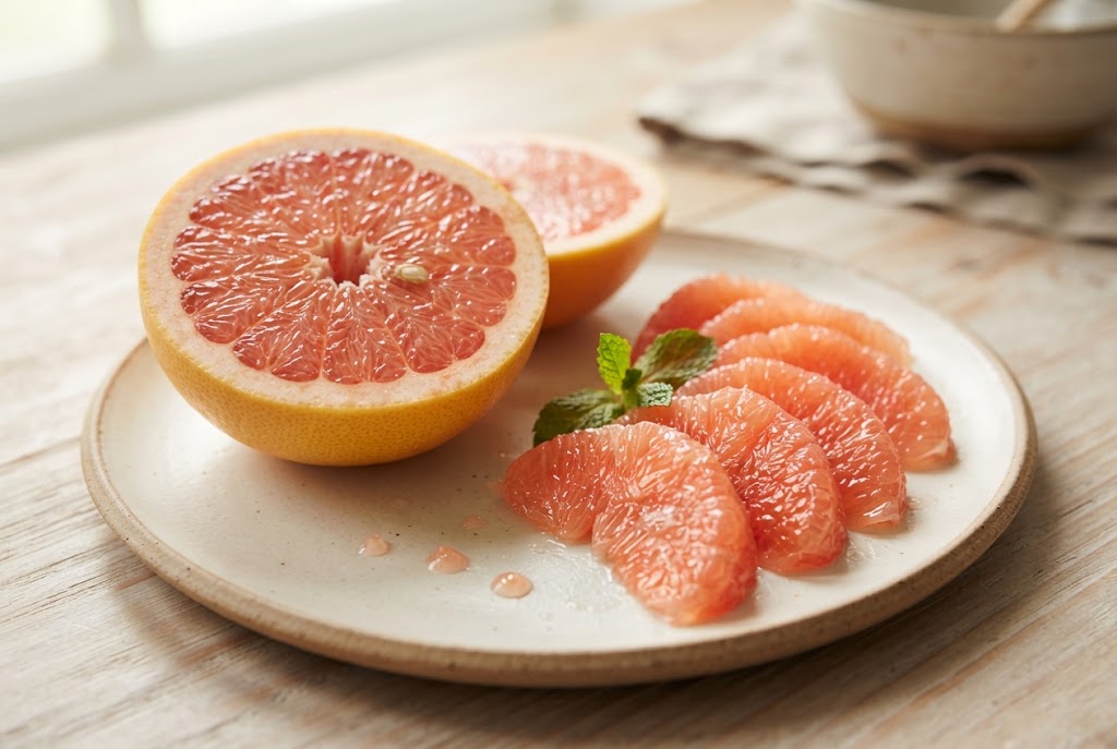 Grapefruit: coral-pink radiating segments in a yellow peel, pith-free supremes, on a cream ceramic plate