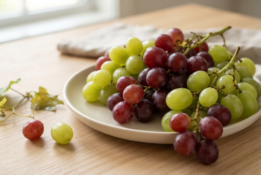 Grapes: green and red grape clusters on stems, on a cream ceramic plate