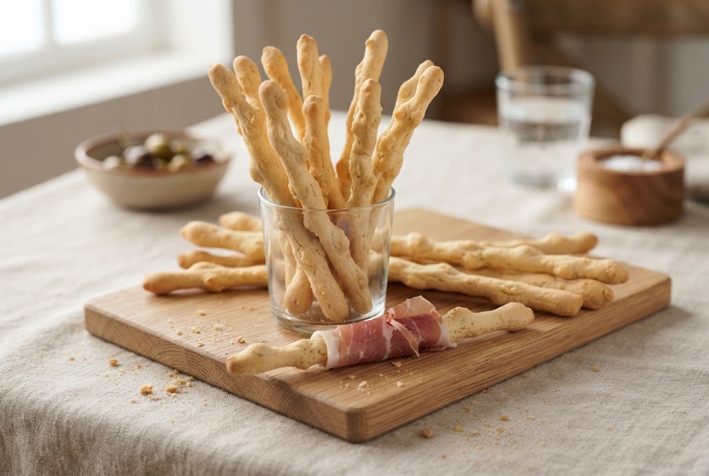 Grissini: long thin knobbly pale breadsticks, on a light oak board