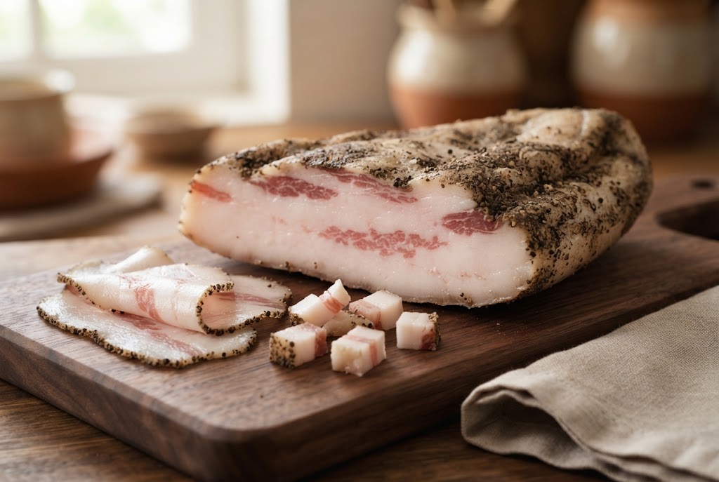 Guanciale: mostly-white triangular slab with pink streaks and black pepper edge, on a dark walnut board