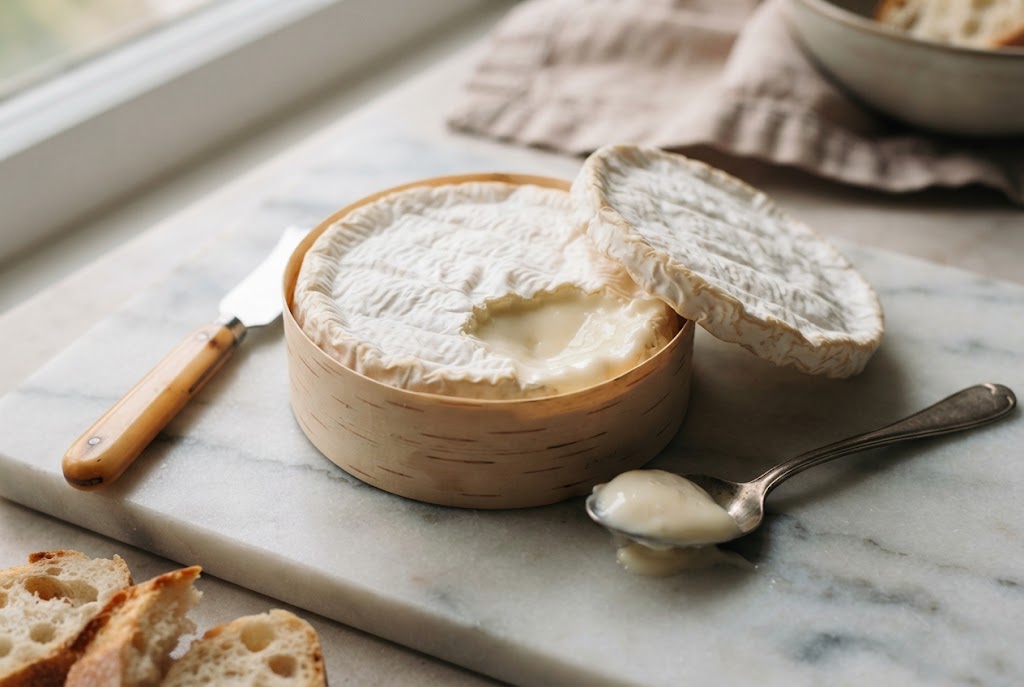 Harbison: small soft cheese wrapped in a band of bark, top rind lifted off to show spoonable ivory paste, a spoonful beside it, on a marble slab