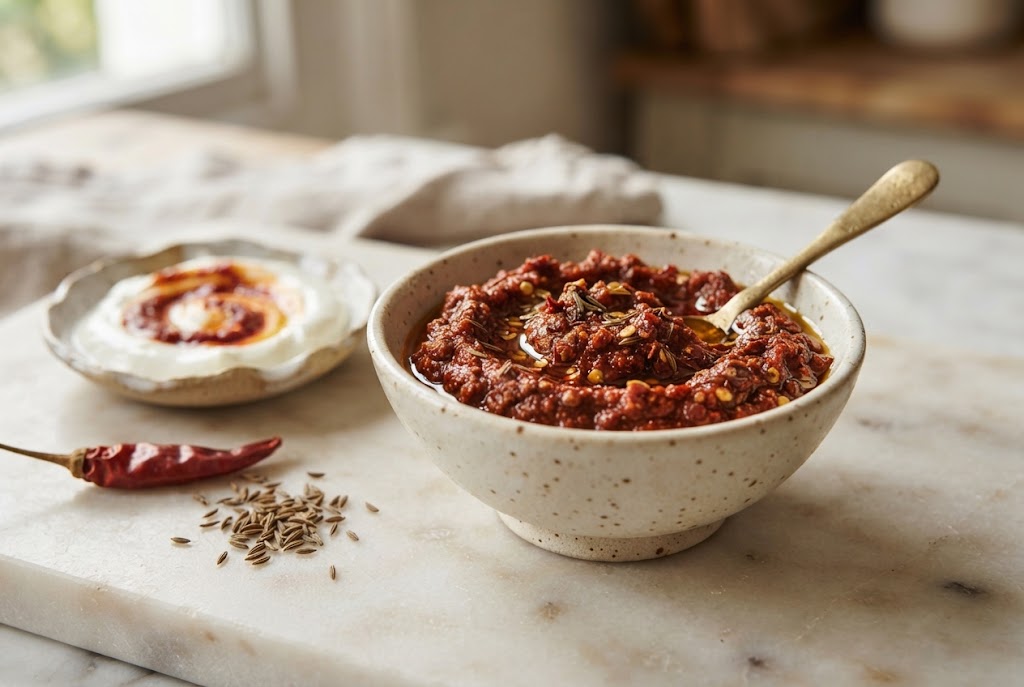 Harissa: thick coarse brick-red chilli paste with an oil film, on pale marble