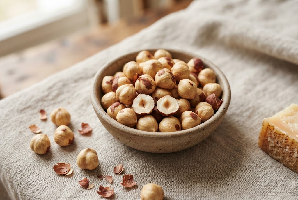 Hazelnuts: round golden kernels with flakes of papery skin, split halves showing a cream interior, on natural linen