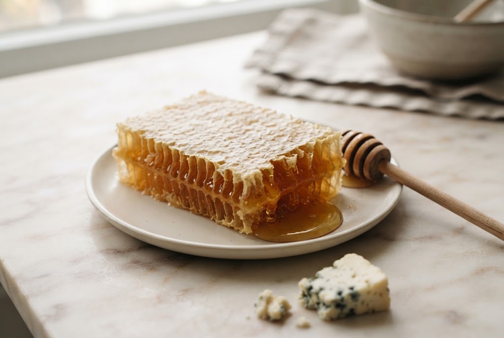 Honeycomb: pale gold hexagonal wax cells, honey dripping from the cut edge, on pale marble