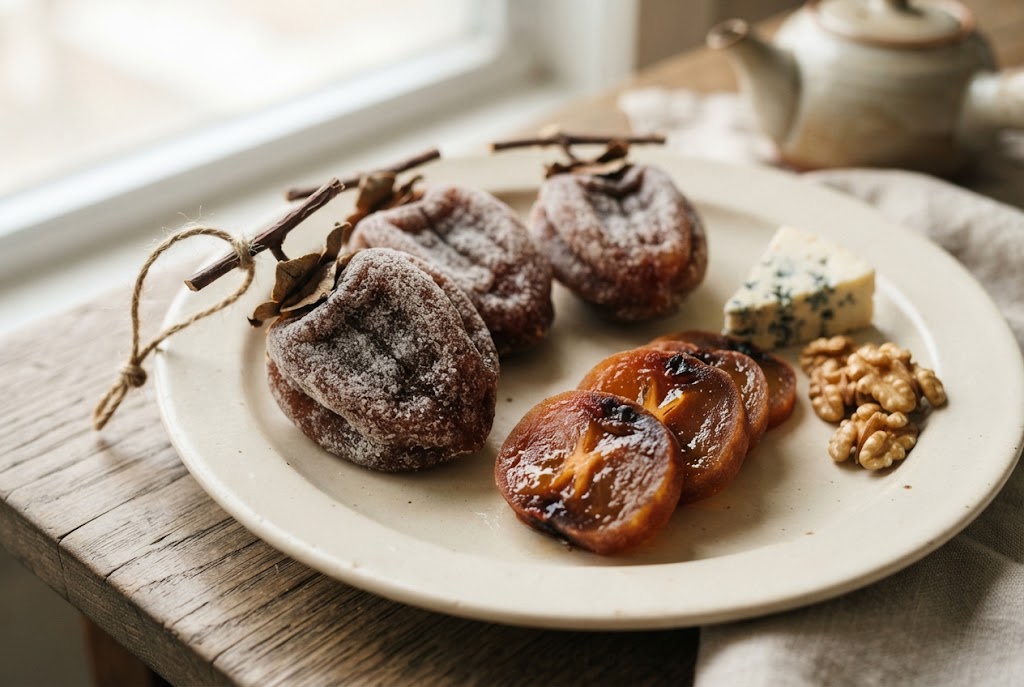 Hoshigaki: whole dried persimmons dusted with white sugar bloom, stems and twine still on, sliced rounds, blue cheese and walnuts, on a cream plate