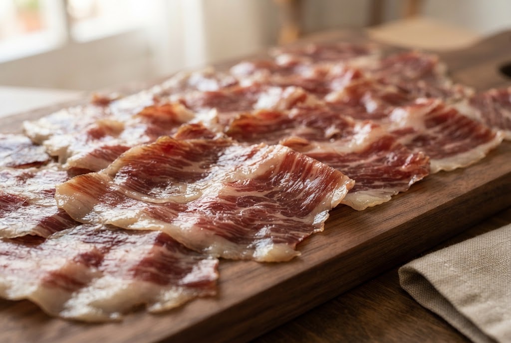 Jamón Ibérico: dark ruby slices with glossy marbled fat, on a dark walnut board