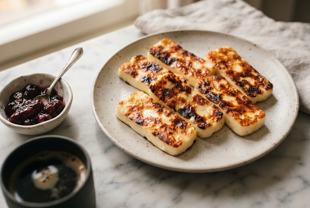 Juustoleipä: warm fingers of bread cheese with toasted brown spots, cherry preserves and black coffee, on a marble slab