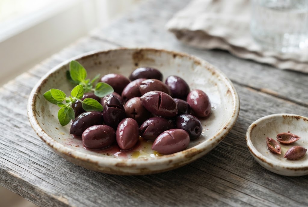 Kalamata Olives: almond-shaped glossy deep purple olives, on weathered grey wood