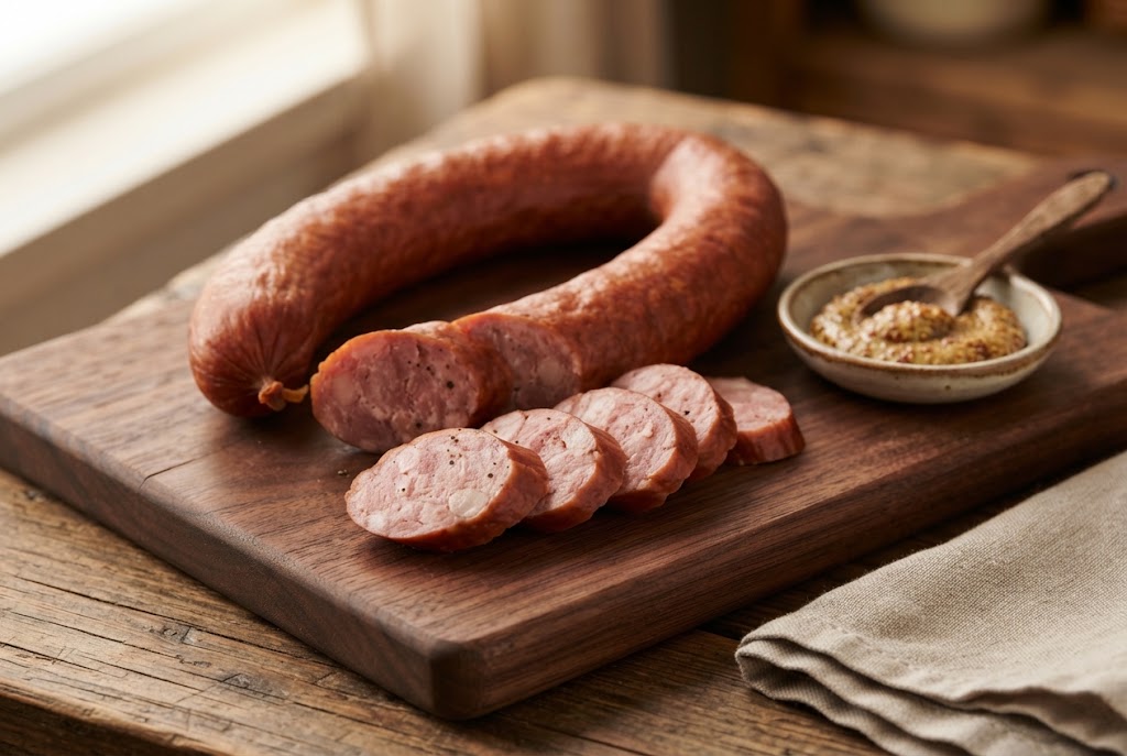 Kielbasa: U-shaped reddish-brown sausage, coarse pink slices, on a dark walnut board
