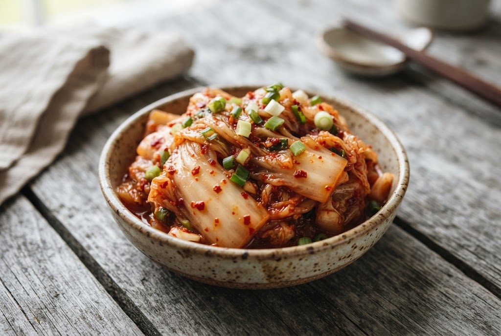 Kimchi: glossy red-orange cabbage, on weathered grey wood