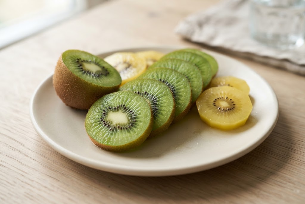 Kiwi: bright green slices with a cream centre and black seed ring, on a cream ceramic plate