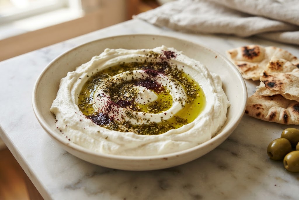 Labneh: thick white swirl holding its shape, oil pooled in the groove, za'atar flecks, on pale marble