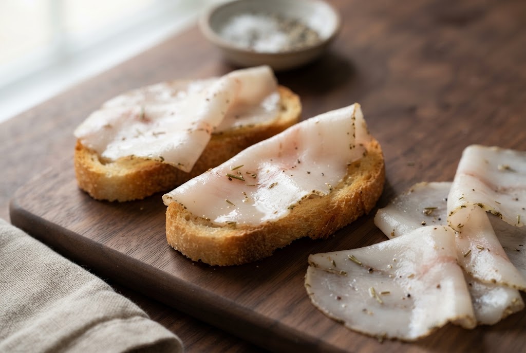 Lardo: translucent white paper-thin slices with herb flecks, on a dark walnut board