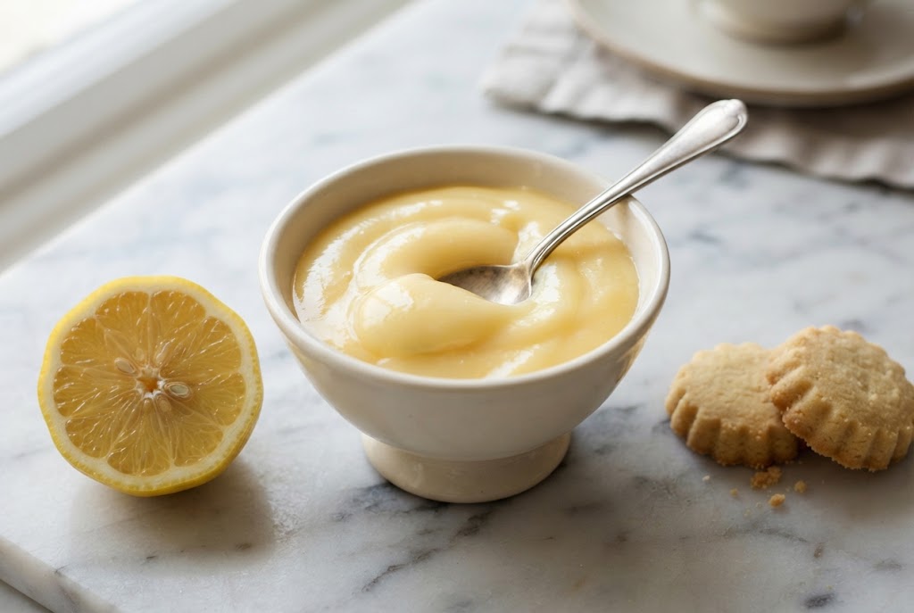 Lemon Curd: opaque glossy pale-yellow curd holding a spoon trail, on pale marble