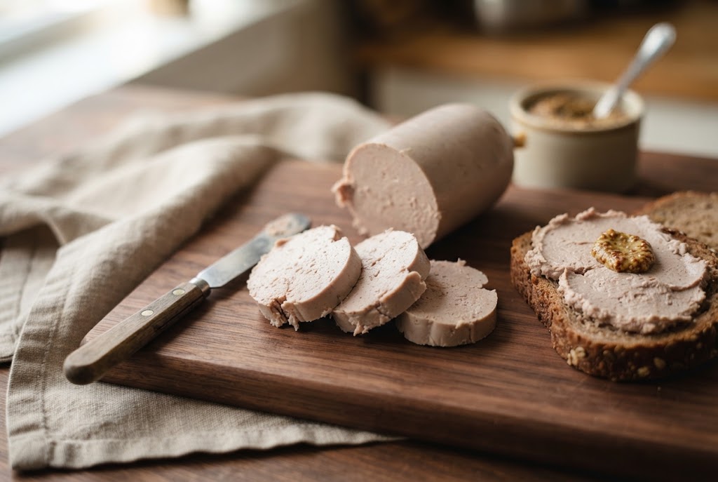 Liverwurst: pale grey-pink smooth sausage spread on rye, on a dark walnut board