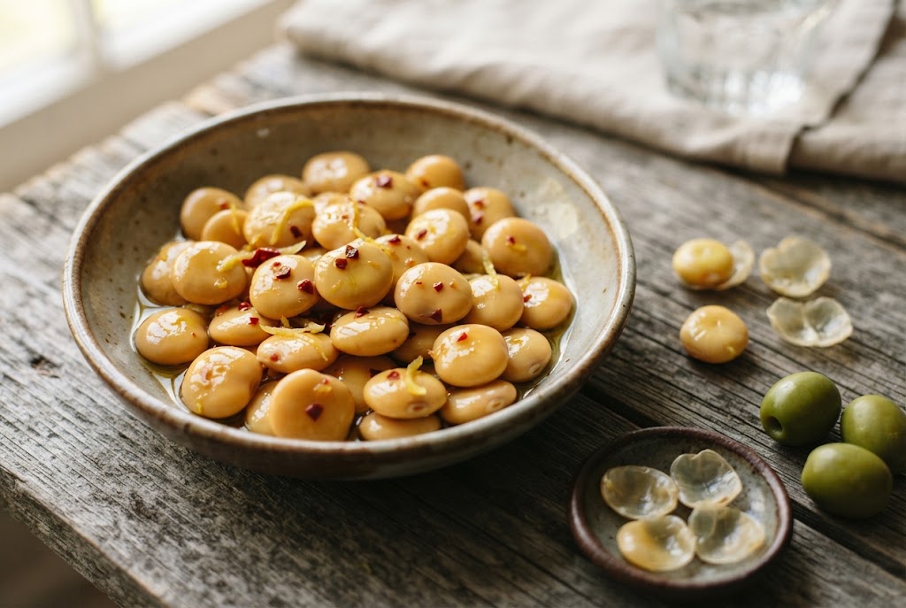 Lupini beans: glossy golden brined beans with chili flakes and lemon zest, popped beans, empty skins and green olives, on grey wood