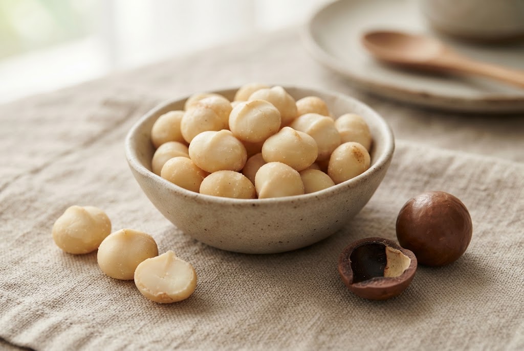 Macadamia Nuts: smooth round ivory kernels with a buttery halved interior, on natural linen