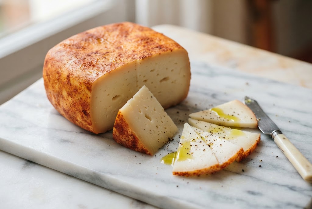 Mahón: square rounded block, orange paprika rind, ivory paste, on a marble slab