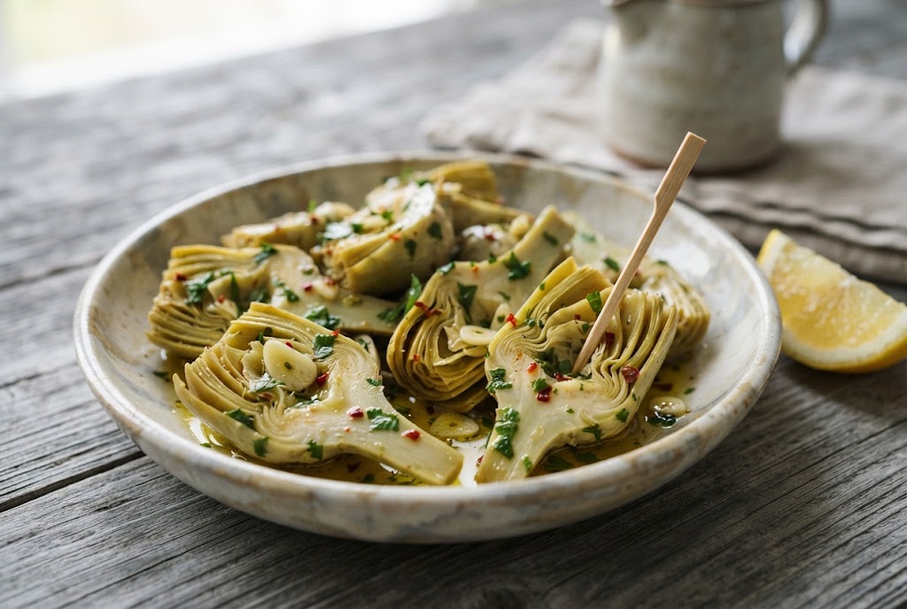 Marinated Artichokes: quartered hearts with layered leaves and pale base, glossy herb oil, on weathered grey wood