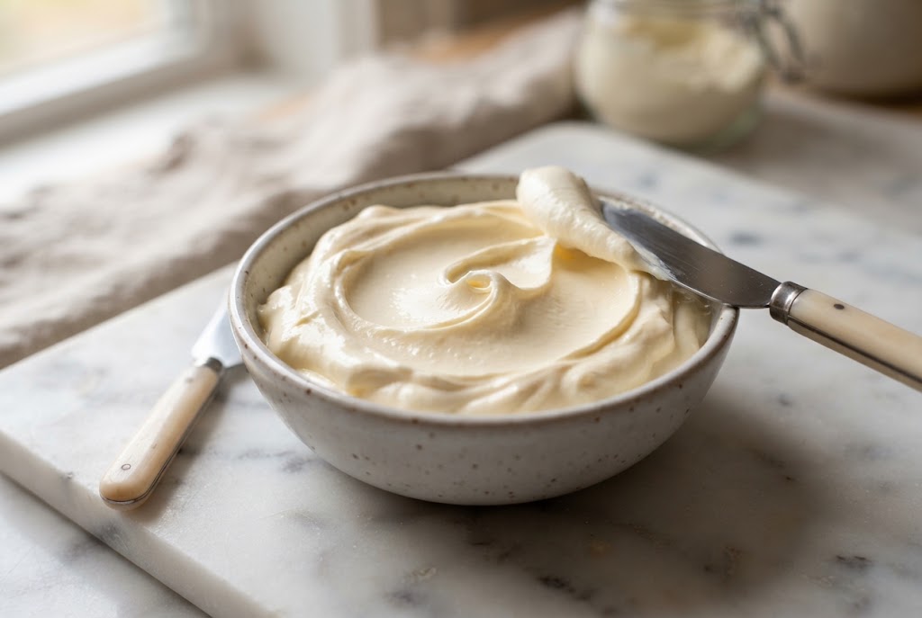 Mascarpone: thick glossy ivory cream with soft peaks, on a marble slab