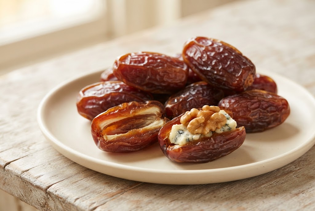 Medjool Dates: large glossy wrinkled brown dates, split ones showing caramel flesh, on a cream ceramic plate