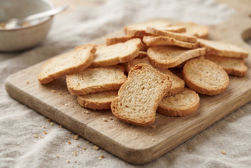 Melba Toast: very thin curled pale-gold toasts, on a light oak board