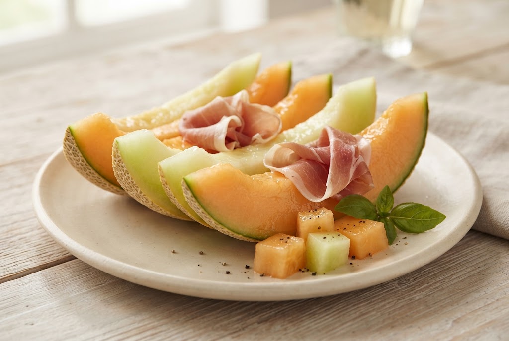 Melon: alternating cantaloupe and honeydew wedges with rind, on a cream ceramic plate
