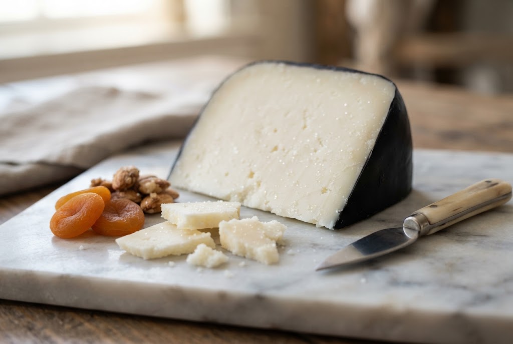 Midnight Moon: ivory-white aged goat gouda wedge with a black rind, broken shards, dried apricots and walnuts, on a marble slab