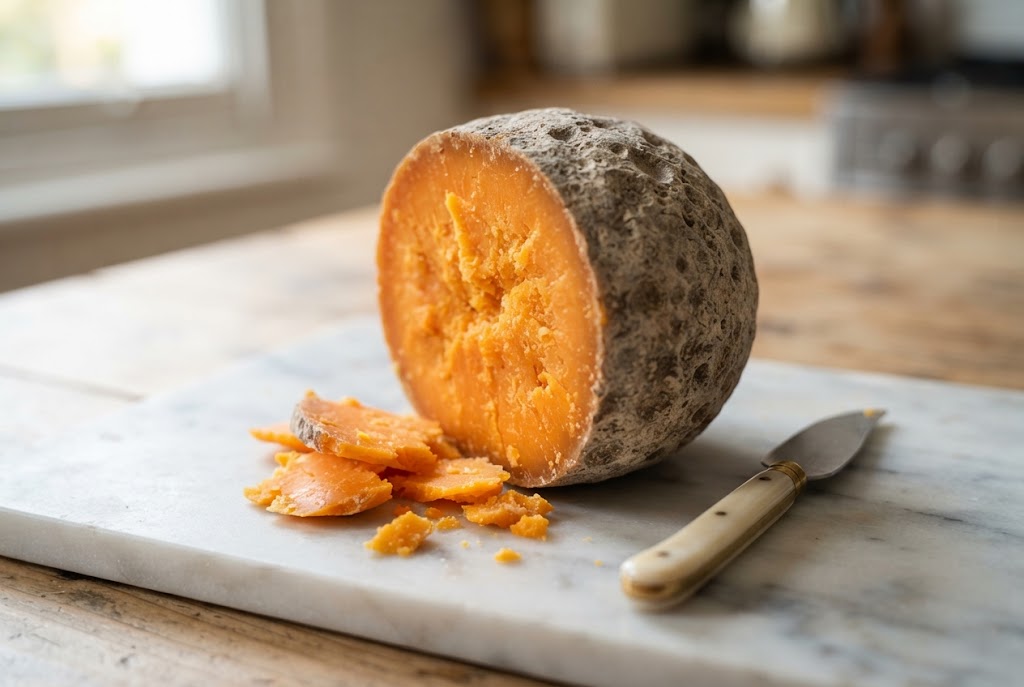 Mimolette: cratered grey-brown moon rind, vivid orange paste, on a marble slab