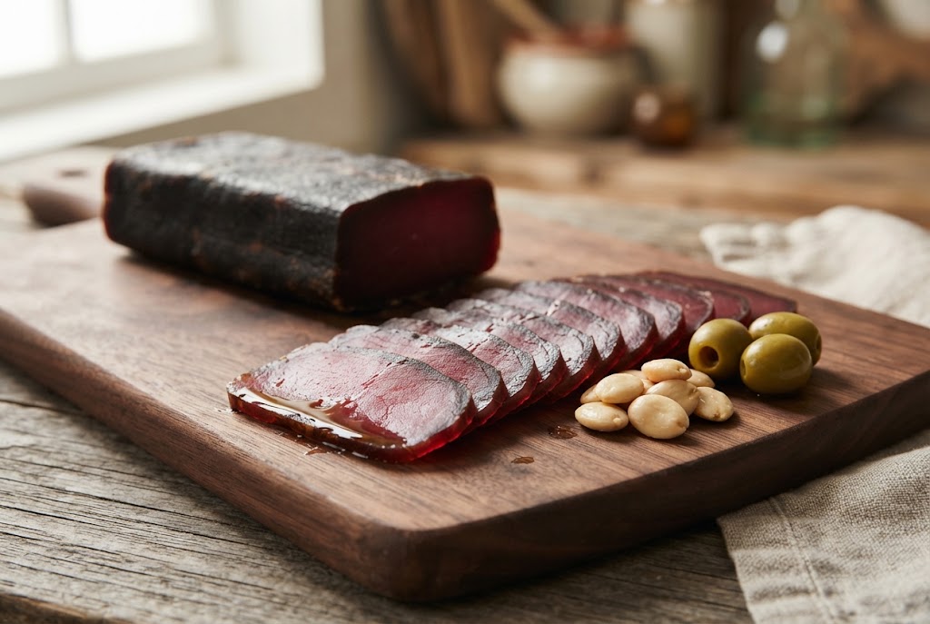 Mojama: dark block of cured tuna loin and a row of thin garnet slices in olive oil, Marcona almonds and green olives, on a walnut board