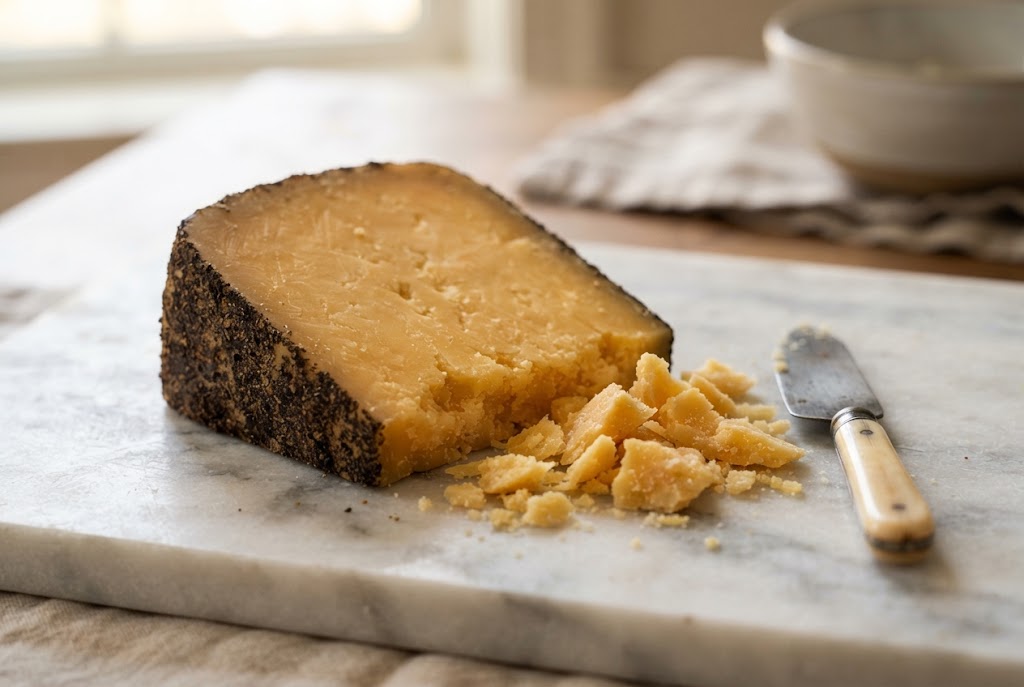 Monterey Jack: dark cocoa-rubbed rind, deep gold hard paste, shards, on a marble slab