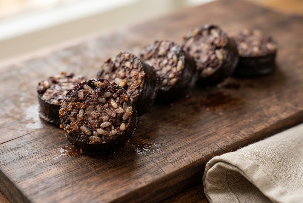 Morcilla: near-black coins with visible rice grains, on a dark walnut board