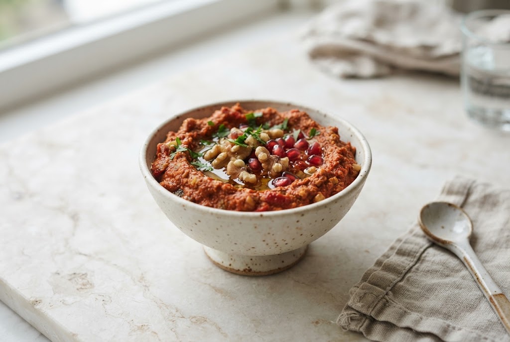 Muhammara: coarse brick-red dip with walnuts, on pale marble