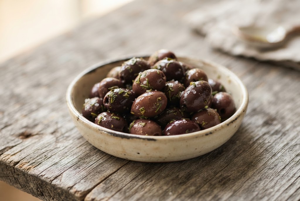 Niçoise Olives: small dark purple-brown olives, on weathered grey wood