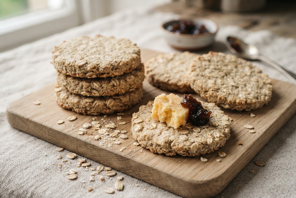 Oatcakes: thick round rough pale oat biscuits with visible oats, on a light oak board