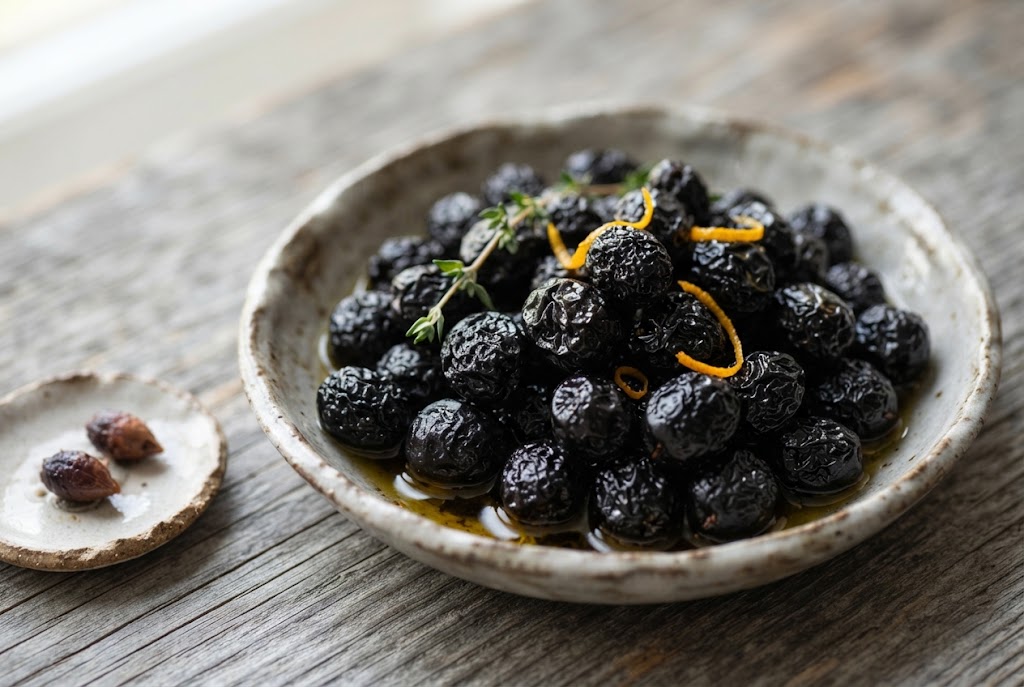 Oil-Cured Olives: wrinkled matte-black olives, raisin-like skin, a little oil, on weathered grey wood