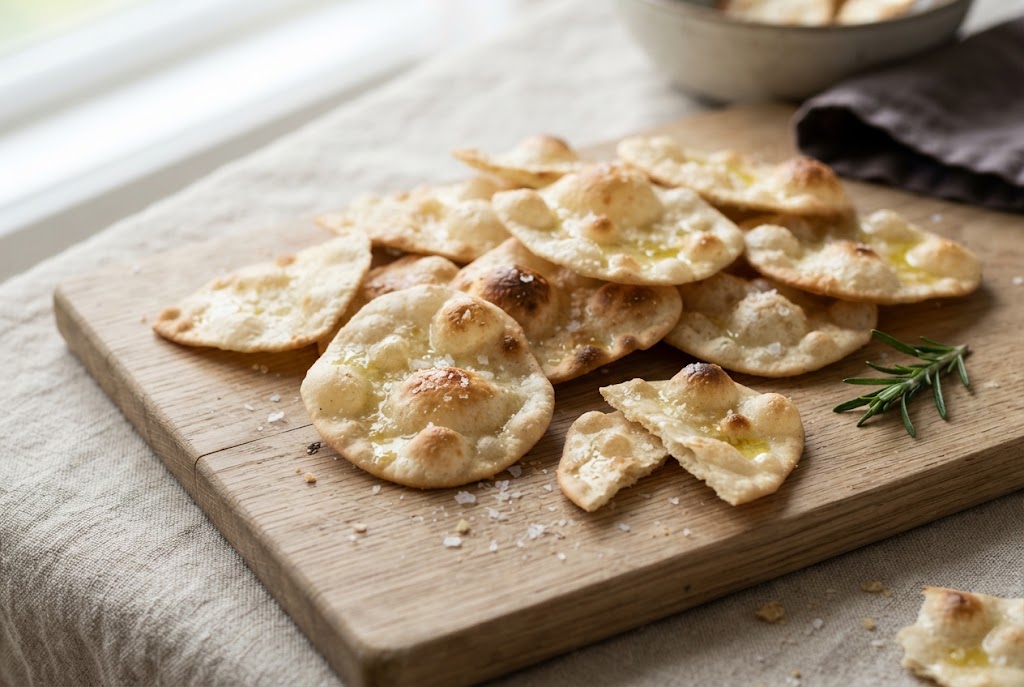 Olive Oil Crackers: thin irregular bubbled gold crackers with oil sheen and salt flakes, on a light oak board