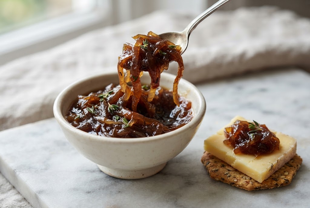 Onion Jam: glossy mahogany jam with soft onion strands, on pale marble